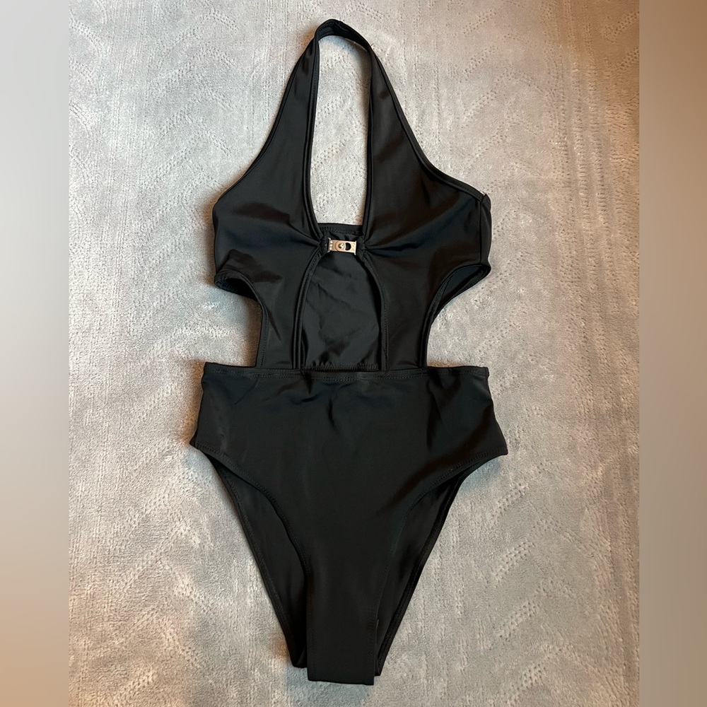 Black Cutout Bodysuit with Silver Feature